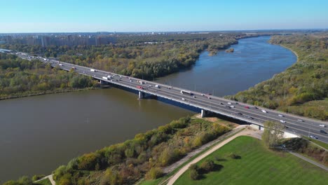 aerial view of road bridge highway across the river in city area