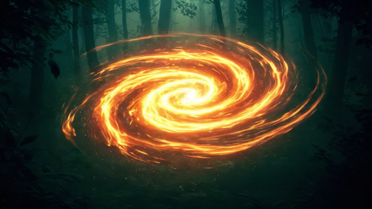 A Stunning Visual of a Fiery Cosmic Spiral Surrounded by an Enigmatic Forest, Capturing the Essence of Mystical Energy and Celestial Beauty in Nature