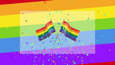animación de banderas y confeti sobre fondo de arco iris