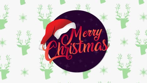 Animation-of-merry-christmas-text-banner-against-reindeer-face-pattern-design