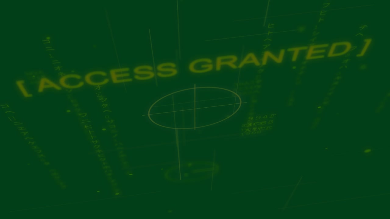 On code check reticle orbiting tilting while ACCESS GRANTED scrolling fading background transparent