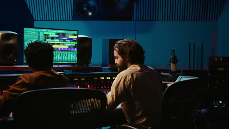 audio expert and musician mixing and mastering tracks on control room console