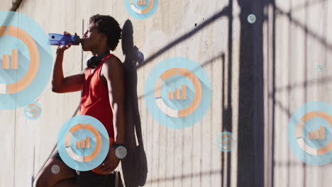 animación de gráficos, hombre afroamericano con pelota de baloncesto tomando apoyo de pared y agua potable