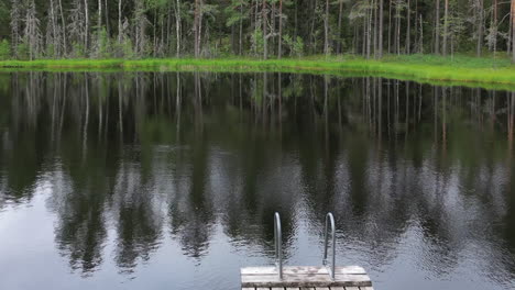 low aerial flies through trees, over dock, to small green forest lake