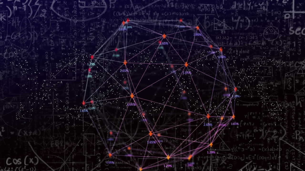 Animation of networks of connections, mathematical equations and dna strand over black background