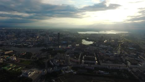 aerial view of a city at sunrise/sunset