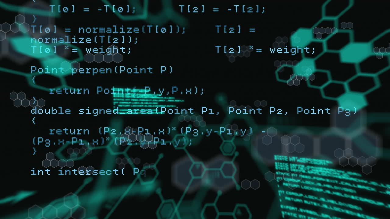 animación de hexágonos verdes sobre el procesamiento de datos en fondo negro