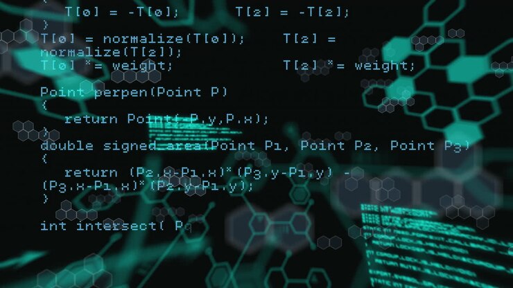 Animation of green hexagons over data processing on black background