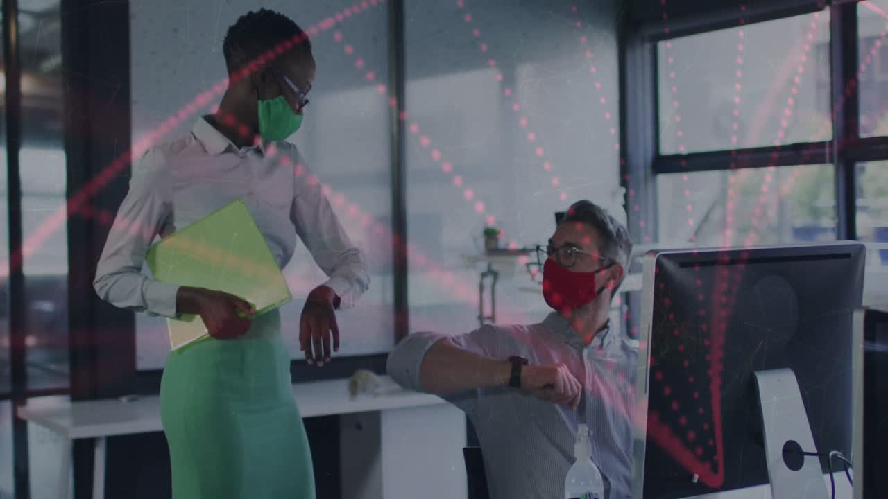Animation of financial data processing over business people wearing face masks