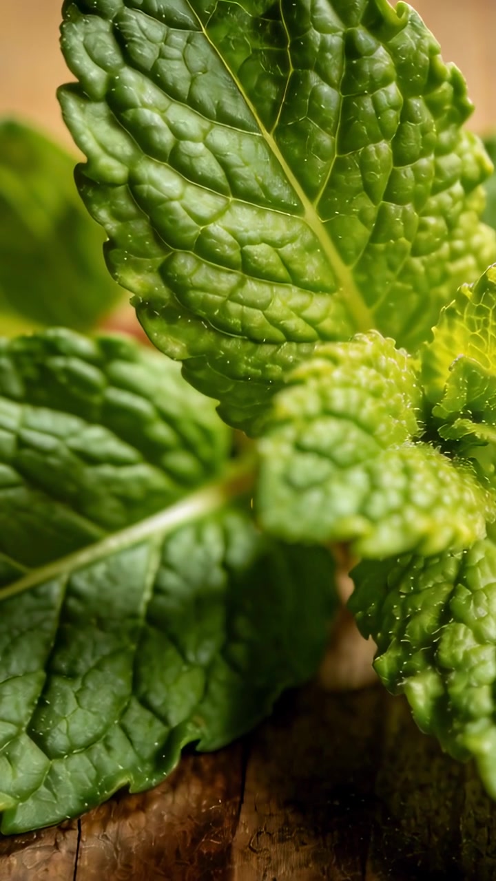 Video verticale: Messa a fuoco dinamica della telecamera che evidenzia le venature di un rametto di menta su una tavola di legno in macro.