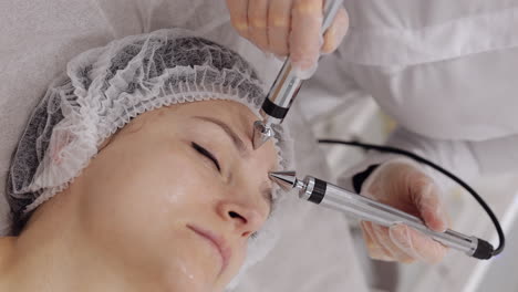 middle-aged woman receiving micro currents facial forehead skin treatment from beautician in salon