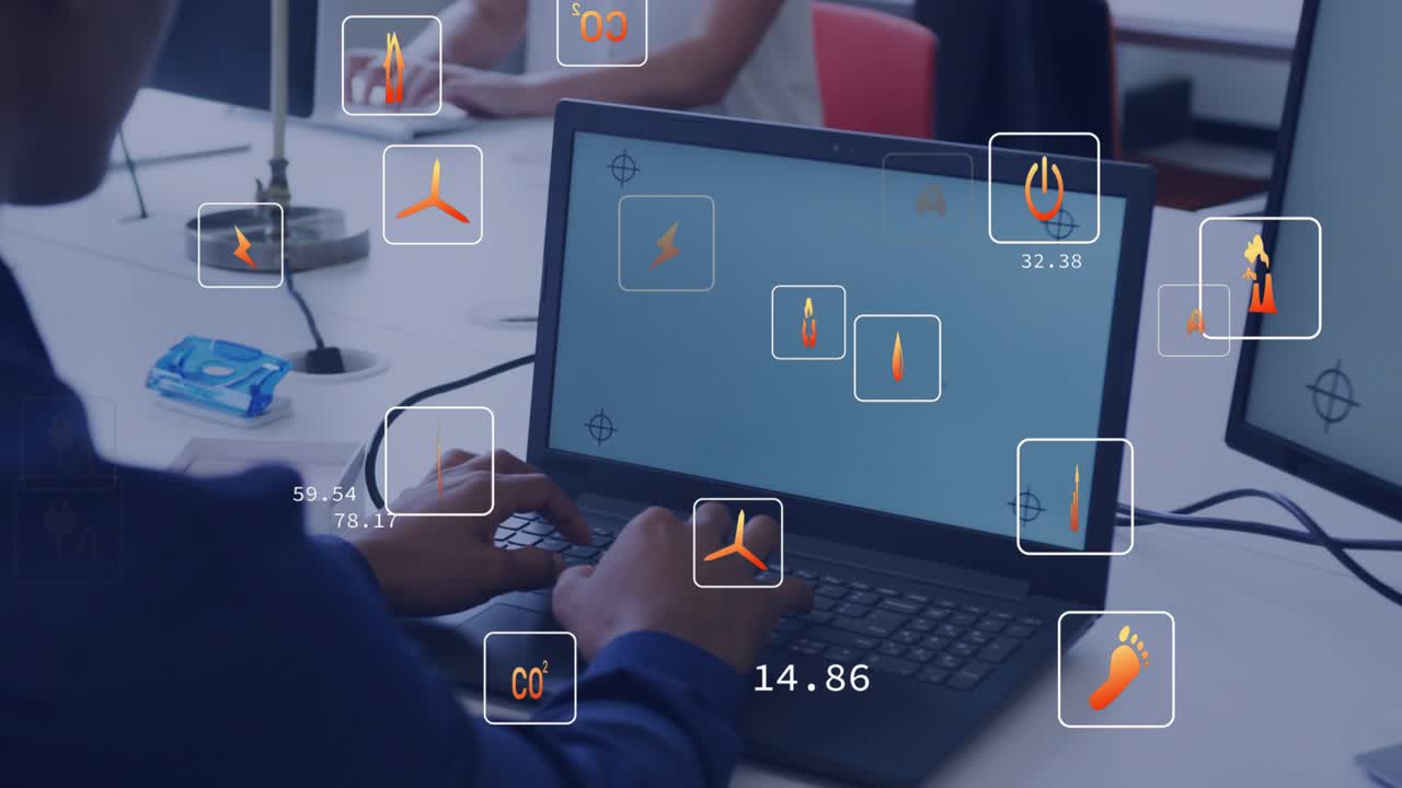Man typing on laptop initiating floating sustainability icons with metrics updating for analysis