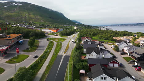 aerial scenic view of bus on road in tromso