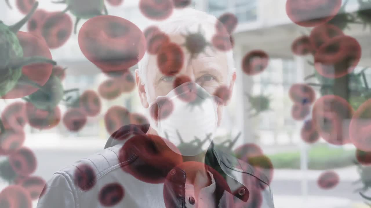 코로나19 세포가 얼굴 마스크를 쓰고 있는 사람을 가로질러 움직이는 애니메이션