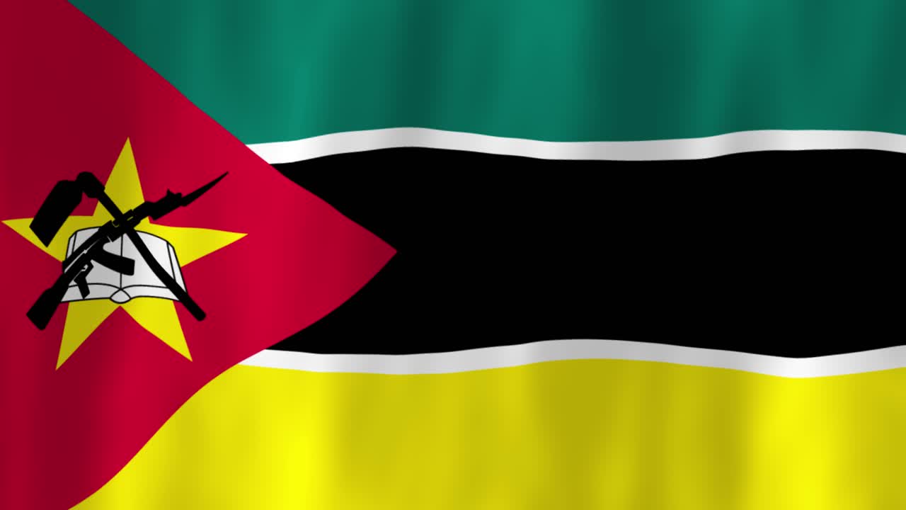 Mozambique Southeast Africa flag country animation 3D symbol design waving in wind movement national patriotism world culture emblem banner republic teal black white yellow stripes red star