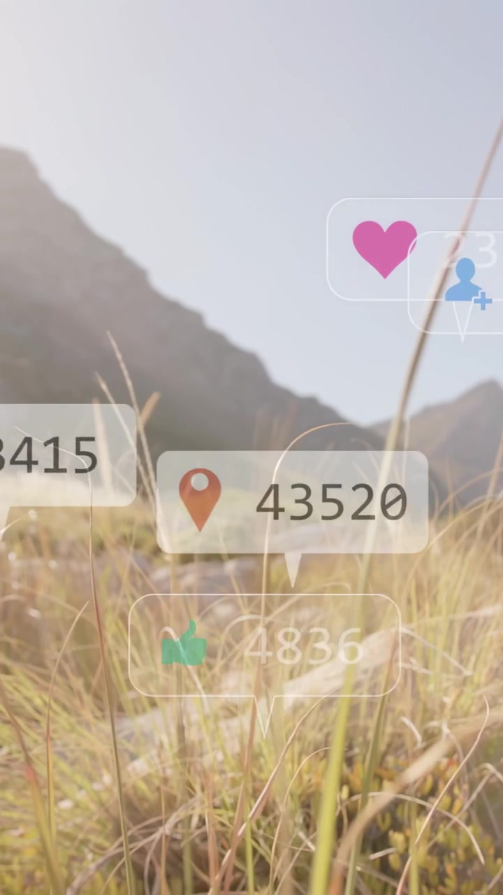 Vertical video: Camera panning, icons rising over front grass, numbers shifting, showing engagement