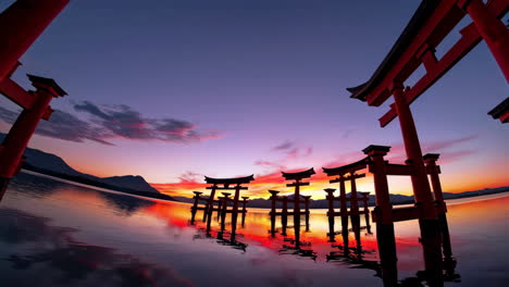 stunning torii gates at sunrise/sunset over a lake