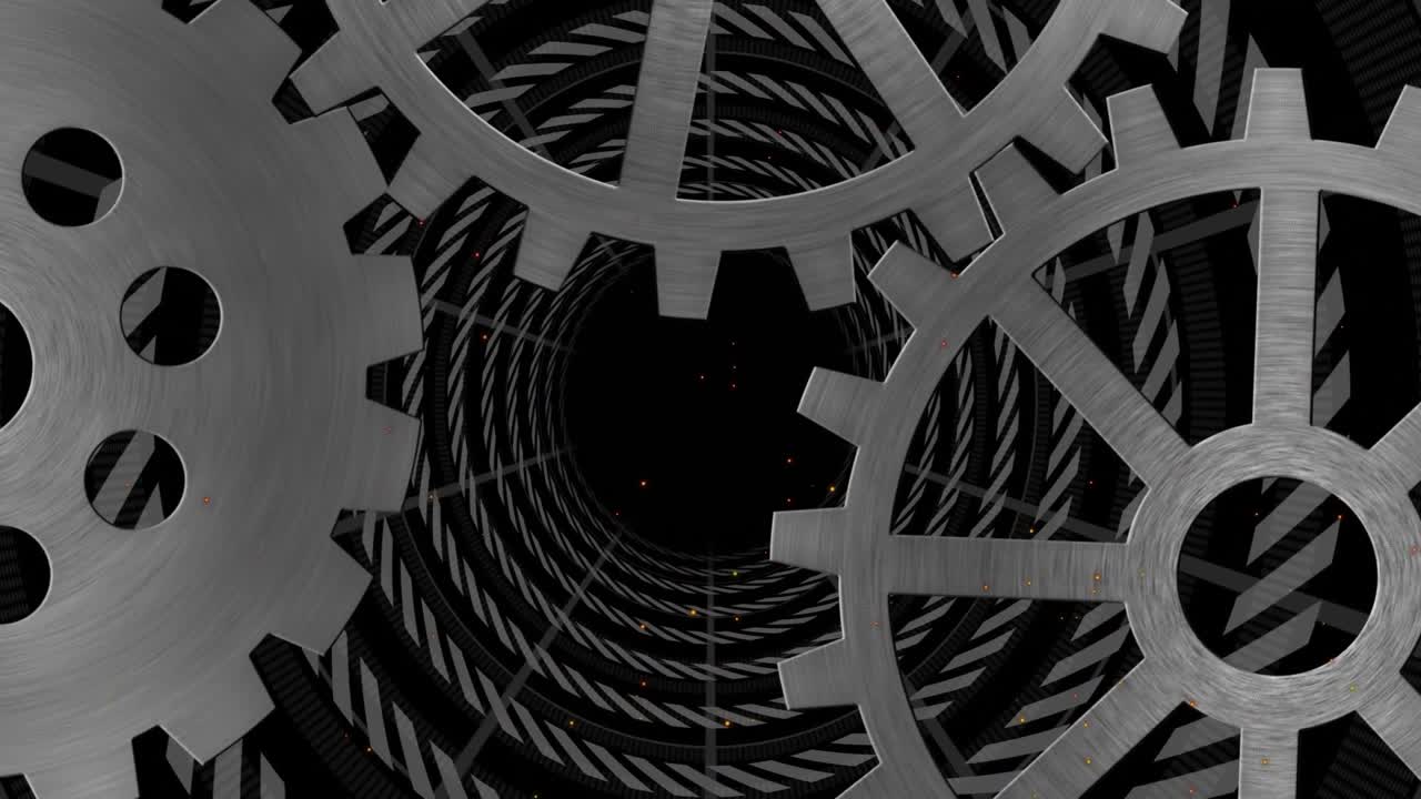 Upon start two metal gears counter rotating while tunnel rings shifting inward emphasizing depth