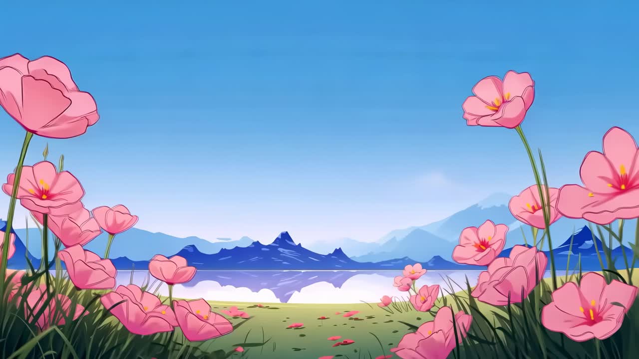 A serene animated landscape video with a low-angle view of pink flowers in the foreground, a calm