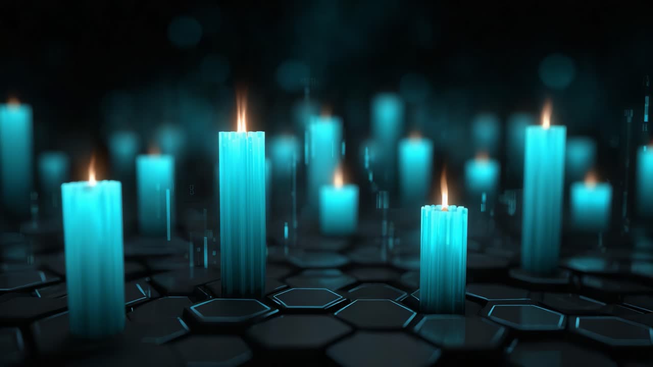 Una tranquilla composizione di candele turchesi luminose su una serena base esagonale, che crea un'atmosfera rilassante con fiamme tremolanti e una delicata luminosità