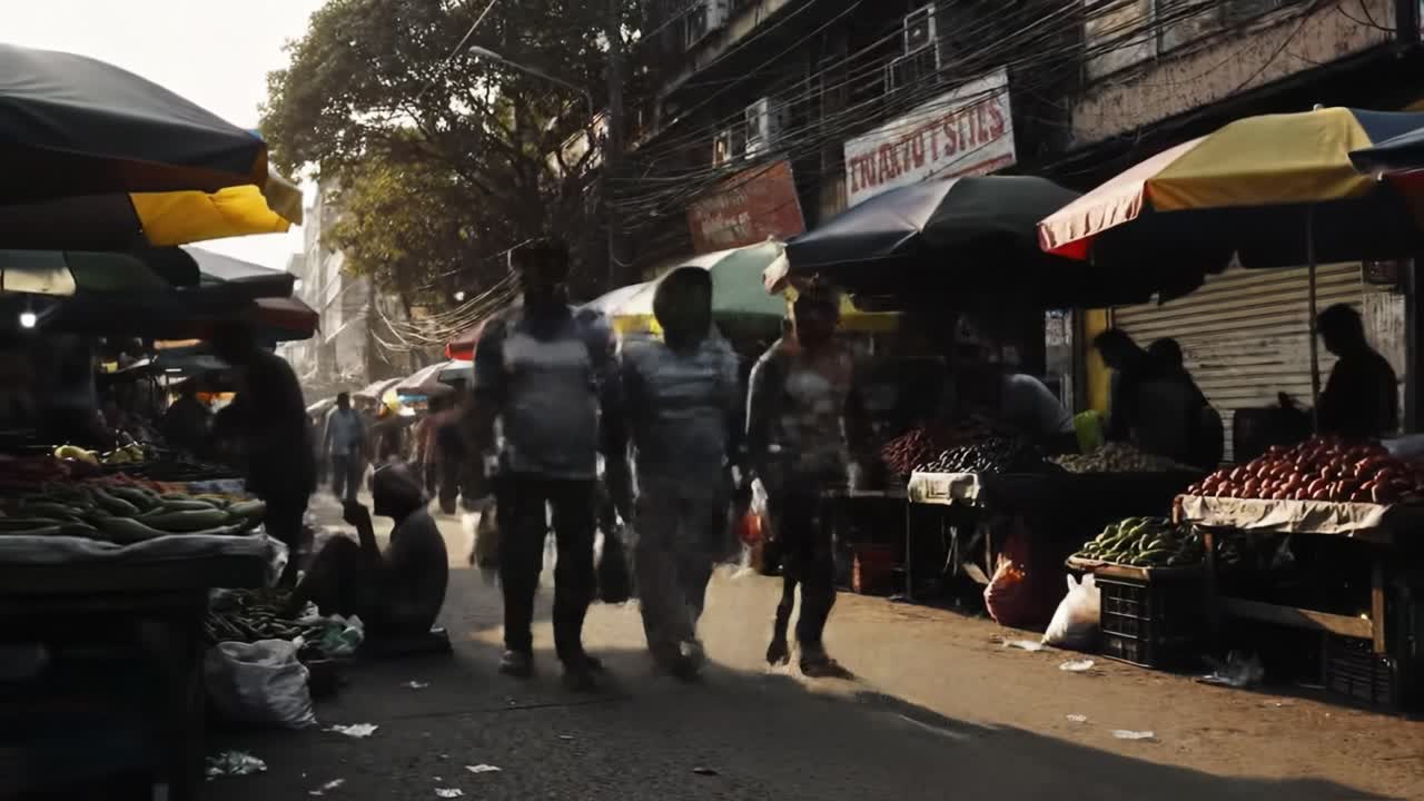 Crowds fill a lively market street as vendors display fresh produce under colorful canopies. The golden light of late afternoon creates a warm, inviting atmosphere that captures daily life.