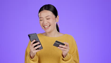 Excited, woman and a credit card