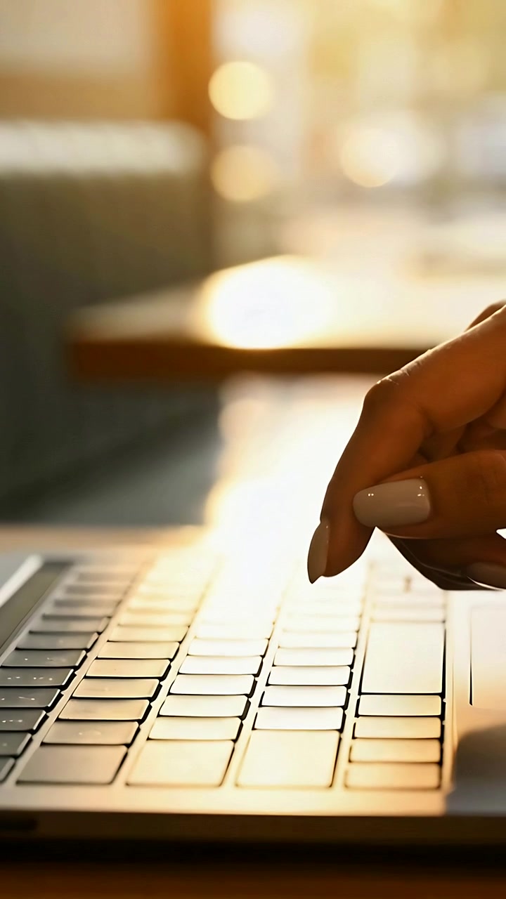 Vertical video: Pressing right hand tapping laptop keys on wooden table typing for work, copy space