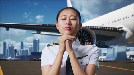 close up of asian woman pilot praying for something while standing in airfield with airplane on background