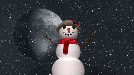 Snow-falling-over-snowwoman-on-winter-landscape-against-moon-in-the-night-sky