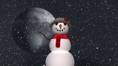 nieve cayendo sobre la mujer de nieve en el paisaje de invierno contra la luna en el cielo nocturno