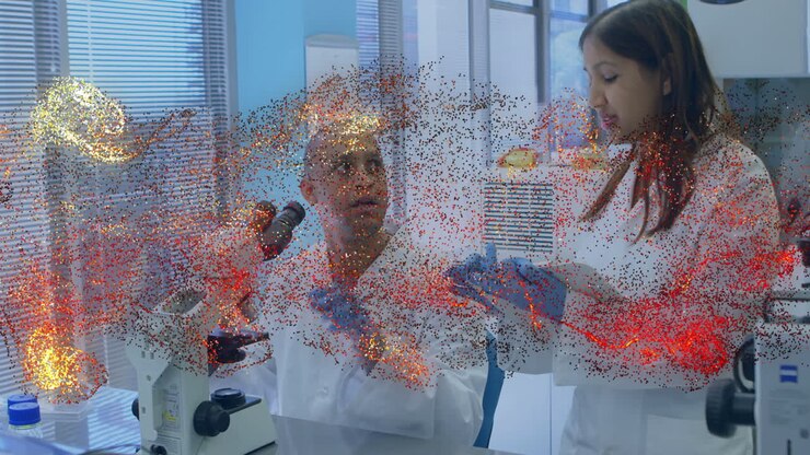 Scientists examining lab sample while integrating animated molecular graphics and data charts