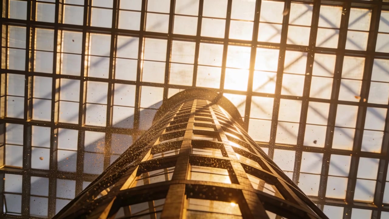 Starting ascent round glass elevator rising in atrium, showing skylight flare, metal ribs, specks