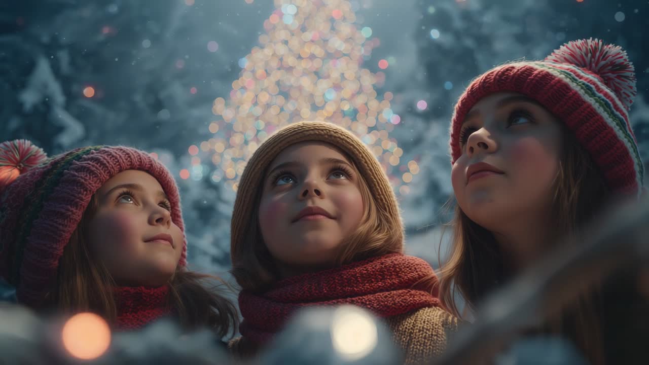 Snowfall intensifying, three siblings looking toward lit tree in clearing amid falling snowflakes