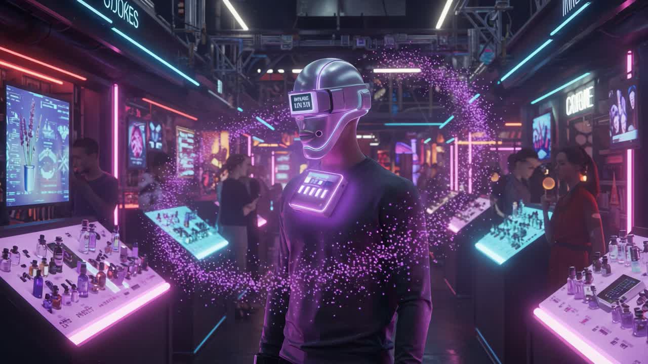 Futuristic Scene Depicting a High-Tech Virtual Environment with a Character in a VR Helmet Surrounded by Vibrant Colors and Interactive Displays