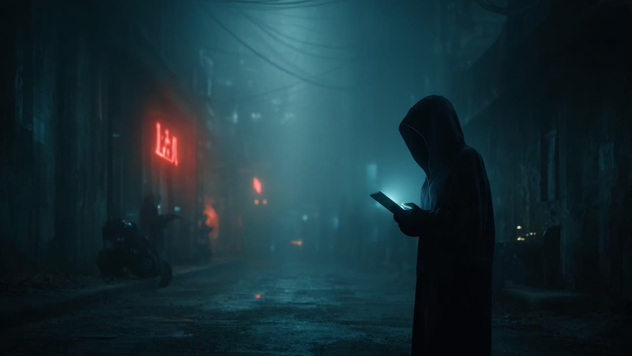 A mysterious figure shrouded in a dark hoodie stands alone in a foggy urban alley, illuminated by soft blue light while engrossed in a device, creating an enigmatic atmosphere
