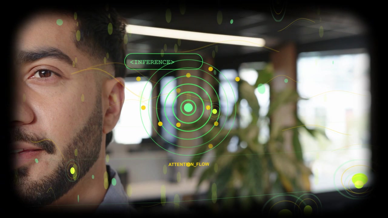 Vertical video: Reacting to HUD, collared man holding at office for attention inference, copy space