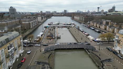 boats moored in greenland quay dock london, rotherhithe drone, aerial