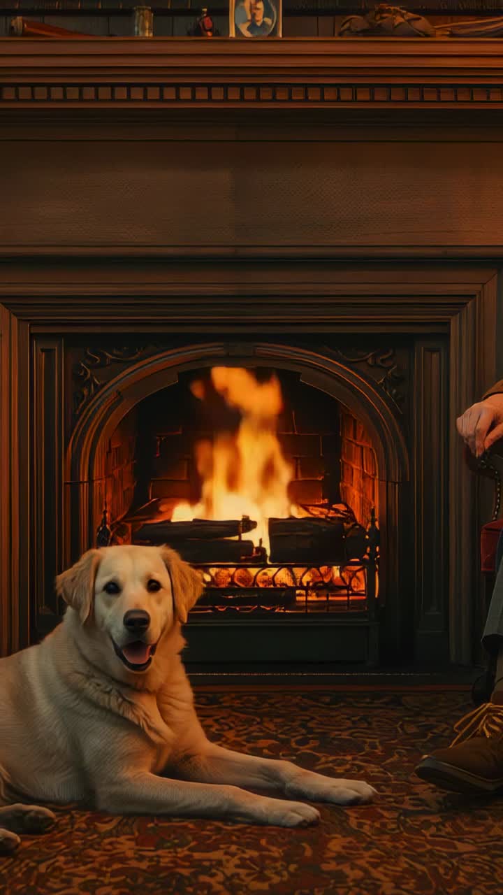 Vertical video: Gazing golden lab blinking and shifting head on rug before fireplace