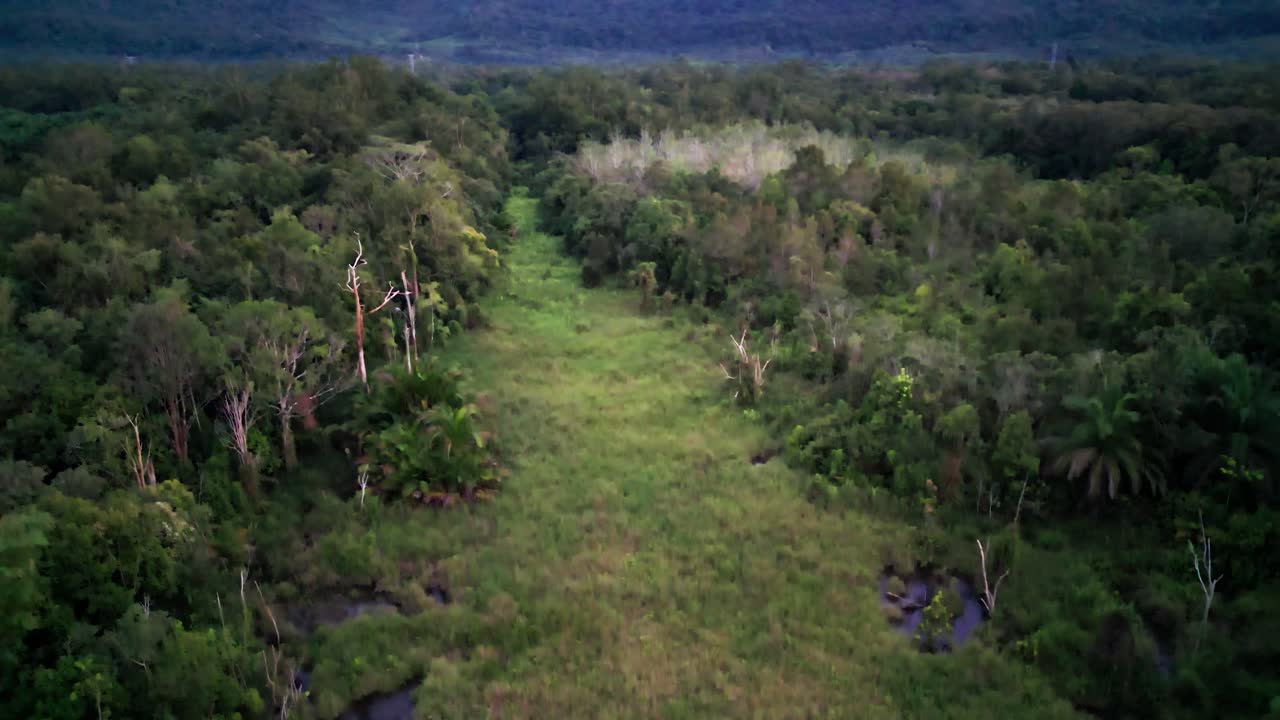 Sunset Drone View Evening At Pan Borneo Highway With Green Forest And Mountain,Sarawak.