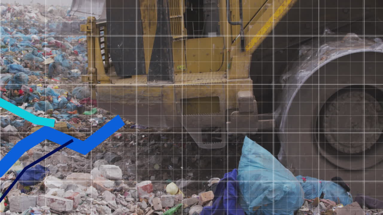 animación de líneas azules que se mueven hacia arriba sobre el sitio de eliminación de residuos de la excavadora