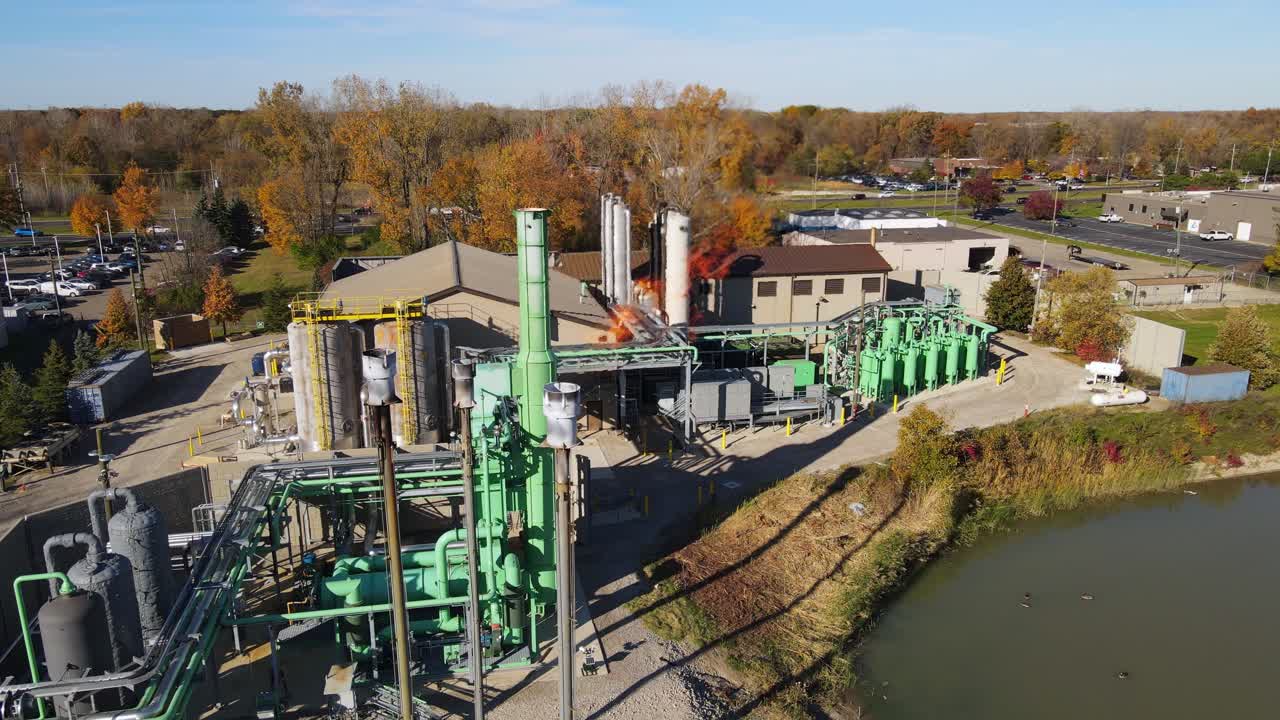 Methane flaring system at landfill gas facility in Canton, Michigan in closeup