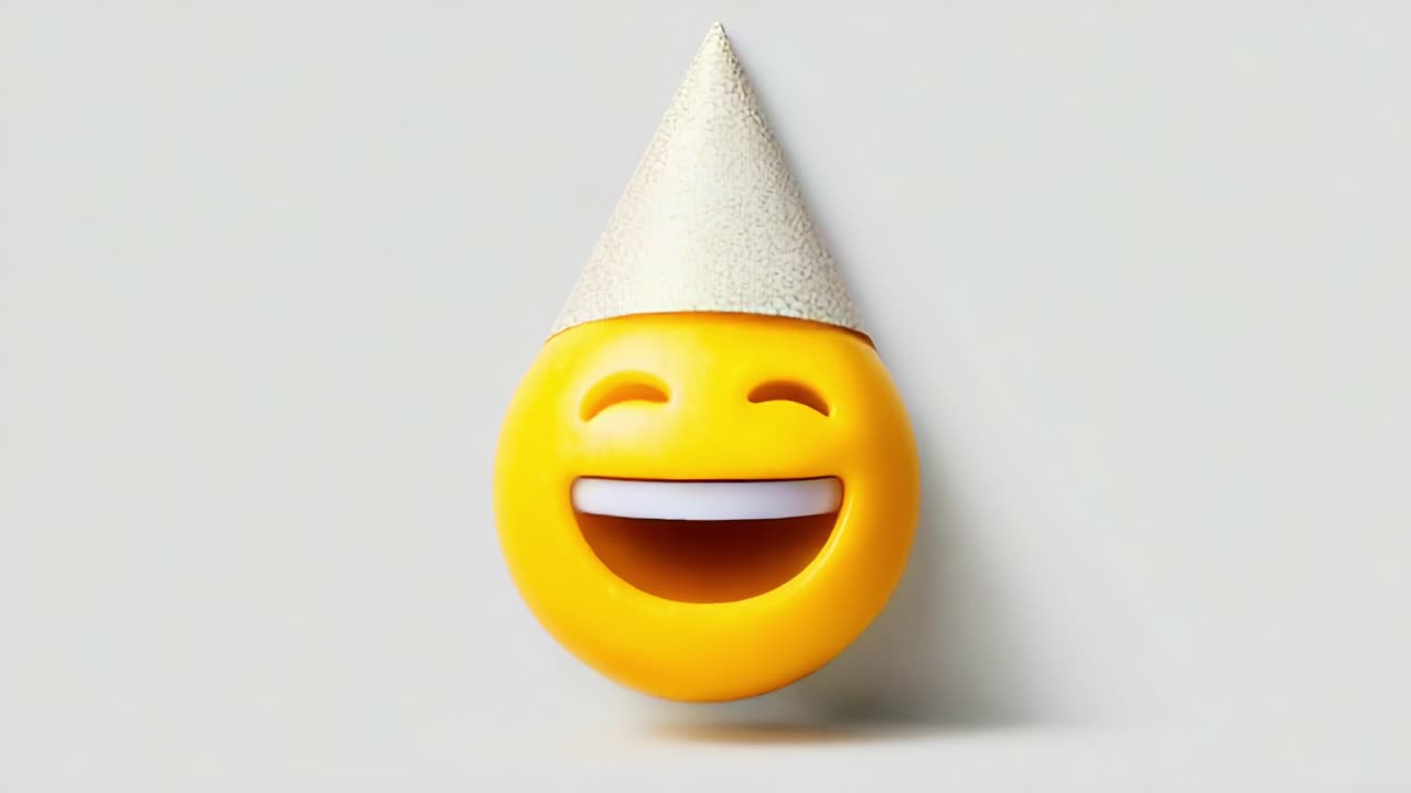 A cheerful yellow emoji wearing a festive party hat, showcasing a wide smile that expresses pure joy and celebration, perfect for representing happiness and fun occasions