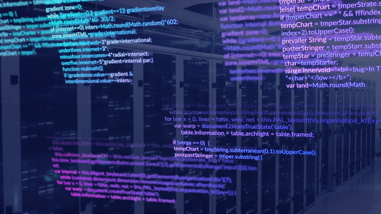 animação de processamento de dados e quadrados de mosaico contra a sala de servidores de computador