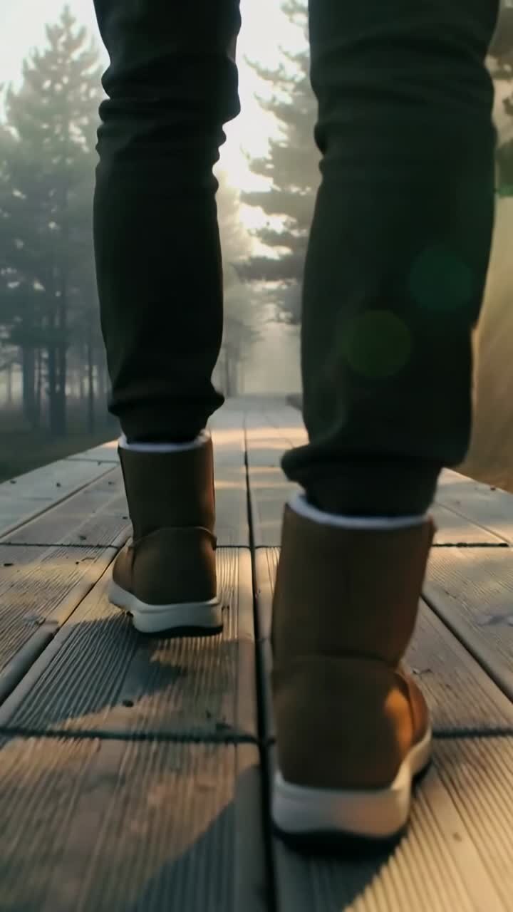 Vertical video: Misty morning drawing walker walking on boardwalk with brown boots dark pants