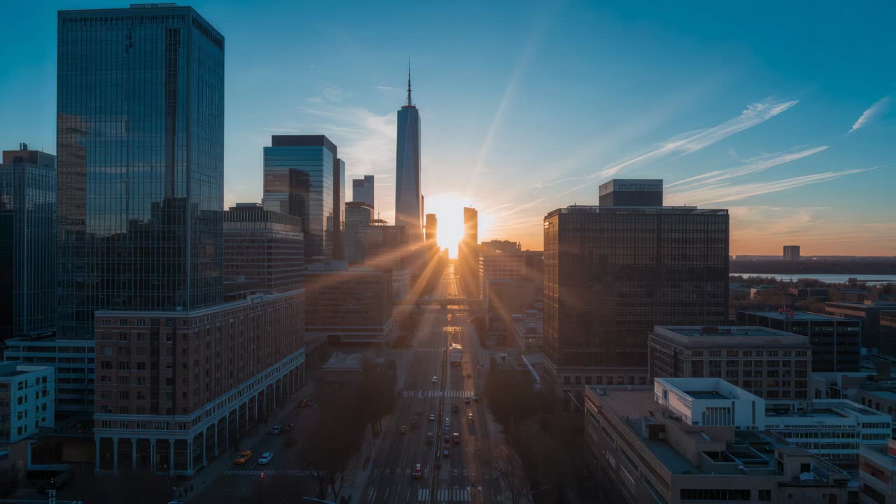 Filming drone flying main avenue, framing spire tower, sun brightening, showing dawn, cars moving
