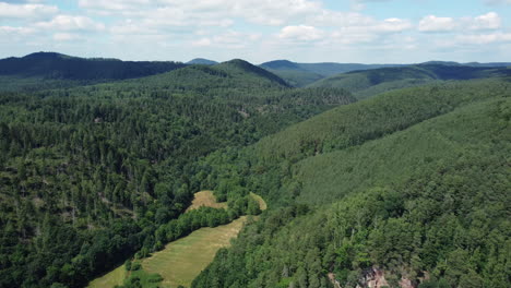 aerial view of a valley surrounded by mountains and forests