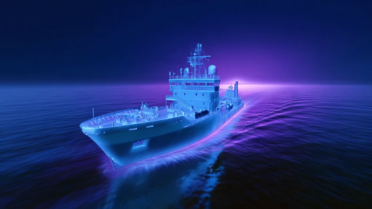 Grande nave scivola attraverso acque oceaniche calme sotto luci al neon surreali. Tonalità viola e blu si riflettono sulla nave e sulla superficie. La scena appare futuristica e tranquilla. Ideale per fantascienza, tecnologia marina.