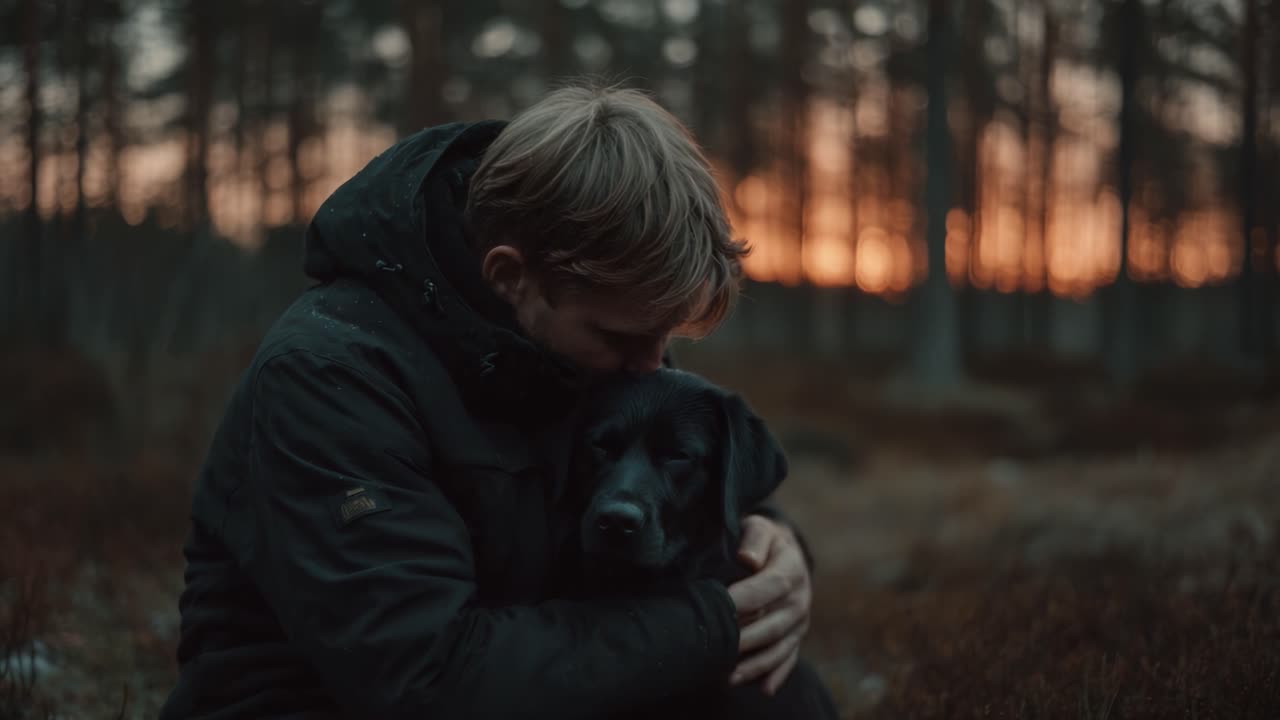 A Tender Moment Between a Person and Their Loyal Dog at Sunset, Capturing the Deep Bond and Connection Formed in the Tranquil Beauty of Nature