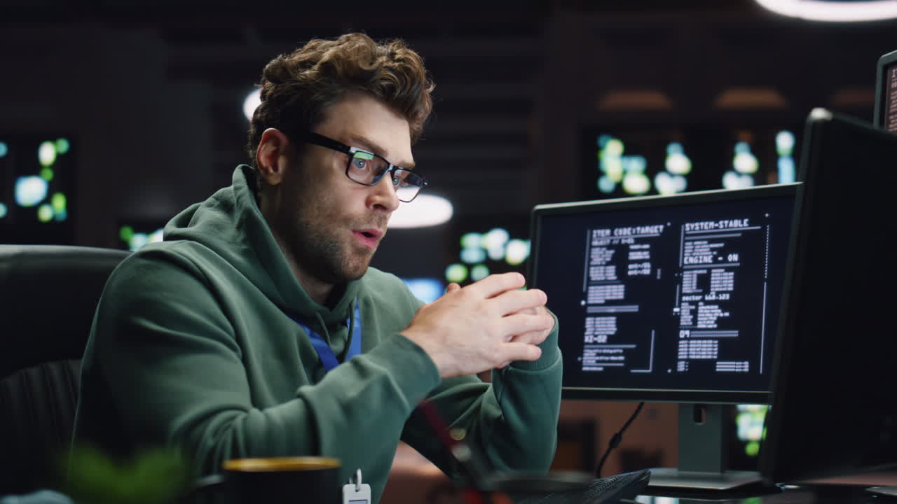un codificador tenso resolviendo un problema en un centro de datos oscuro. un hombre cansado trabajando hasta tarde.