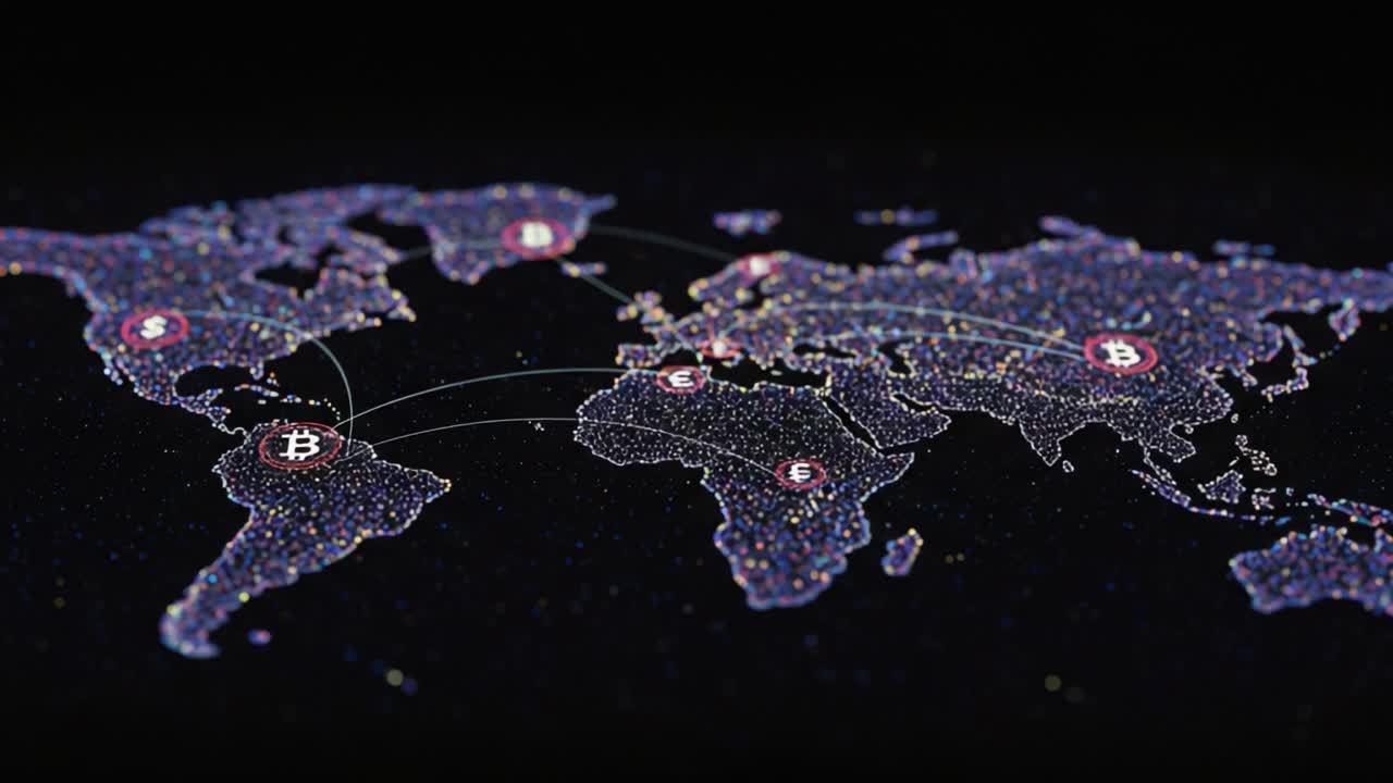 A Detailed Visualization of Global Cryptocurrency Connections Represented on a World Map with Sparkling Bitcoin Symbols Indicating Various Locations